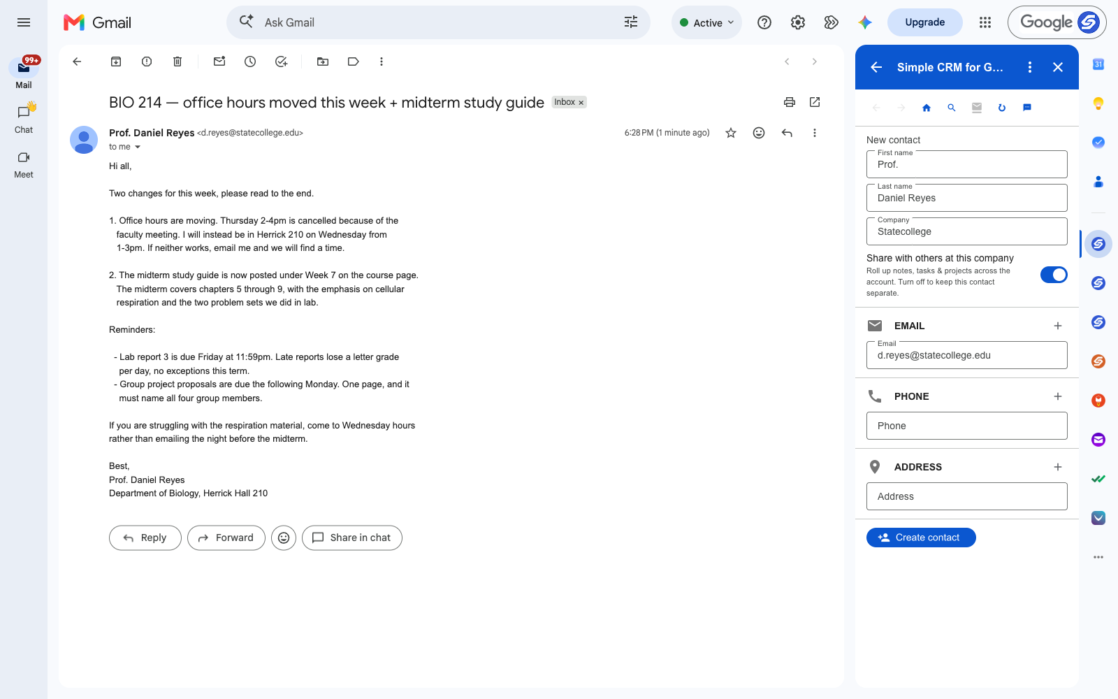 An email from a professor open in Gmail with the Simple CRM sidebar beside it, the contact already filled in from the sender