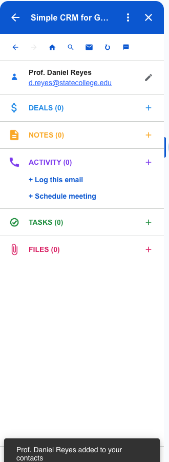 The Simple CRM record for Prof. Daniel Reyes, with empty sections for deals, notes, activity, tasks and files