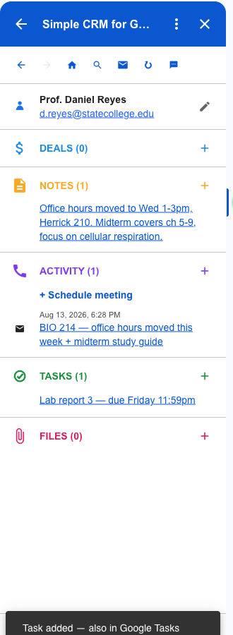 The completed record: one note about office hours, one logged email, and one task for the lab report