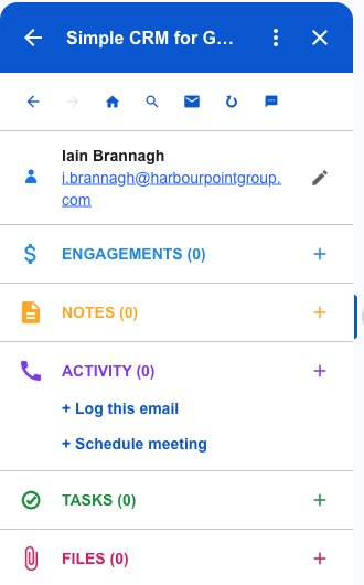 The record with its sections for engagements, notes, activity, tasks and files