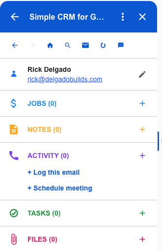 The record with its sections for jobs, notes, activity, tasks and files