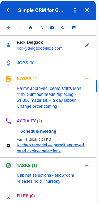 The completed record: note, logged email and task