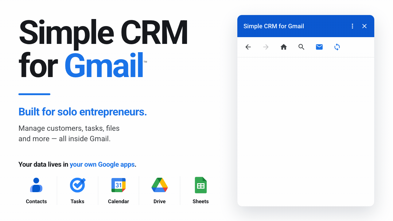 The Simple CRM sidebar filling in beside Gmail — contact, notes, activity, tasks, deals and files, each saved into a Google app