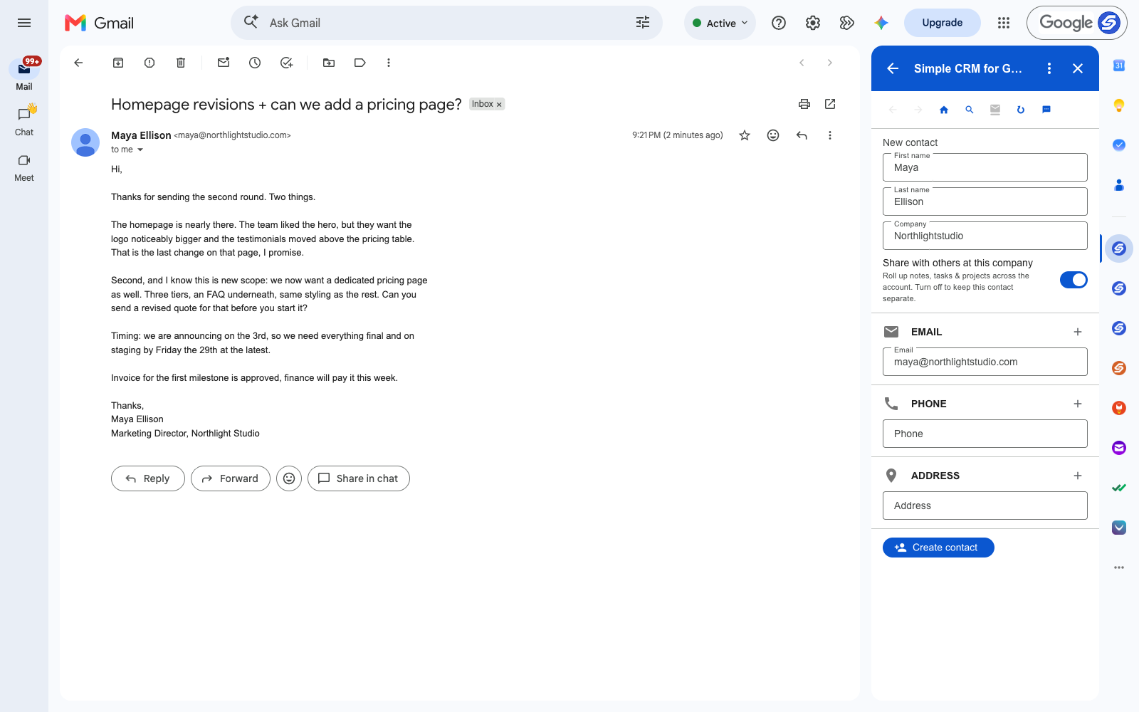 A client email open in Gmail with the Simple CRM sidebar beside it, the contact filled in from the sender
