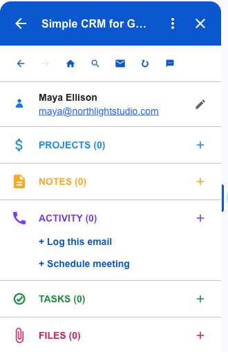 The record with its sections for projects, notes, activity, tasks and files