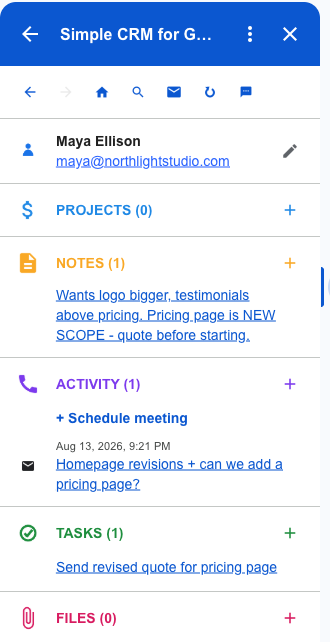 The completed record: note, logged email and task