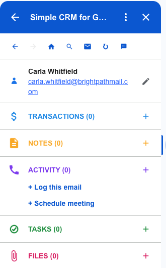 The record with sections for transactions, notes, activity, tasks and files