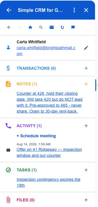 The completed record: note, logged email and task