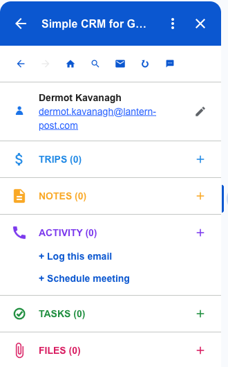The record with sections for trips, notes, activity, tasks and files